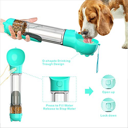 Baogaier Botellas de Agua para Perros 500ml Portatil Bebederos de Agua para Mascotas al Aire Libre, 5 en 1 Multifuncional Dispensador, Platos, Almacenamiento de Comida de Viaje para Gato Perros, Azul