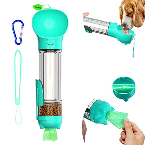 Baogaier Botellas de Agua para Perros 500ml Portatil Bebederos de Agua para Mascotas al Aire Libre, 5 en 1 Multifuncional Dispensador, Platos, Almacenamiento de Comida de Viaje para Gato Perros, Azul