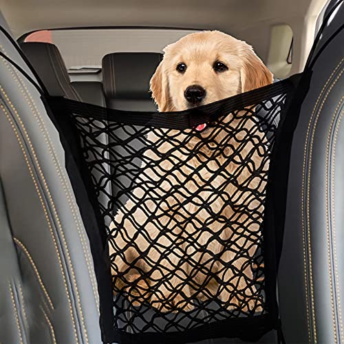 Barrera de red para coche, organizador de red para asiento trasero, ganchos de metal y obstáculo de malla elástica, barrera de perro ajustable para coches conduce de forma segura con niños y mascotas