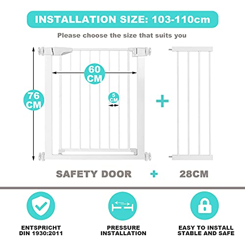 Barrera de Seguridad Extensible Sin Agujeros Barrera Escalera Sistema de Cierre Automtico Dog Puerta Mxima Polivalencia para Nios y Juguetes(103-110cm Blanco)