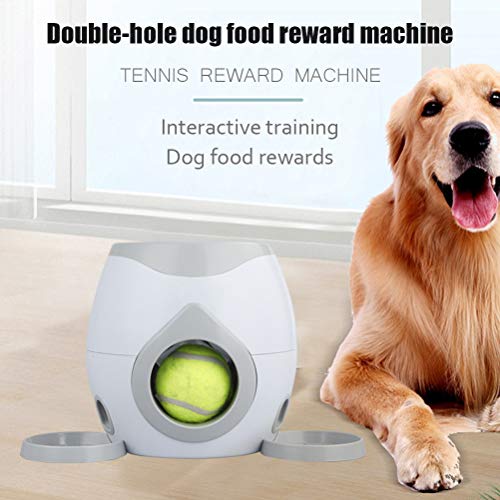 BASOYO Automatic Pet Feeder Fetch Tennis Ball Launcher Interactive Dog Training Toys Interactive Tennis Ball Throwing Machine with 2 Tennis, 1 Feeding Spoon