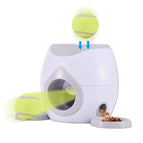 BASOYO Automatic Pet Feeder Fetch Tennis Ball Launcher Interactive Dog Training Toys Interactive Tennis Ball Throwing Machine with 2 Tennis, 1 Feeding Spoon