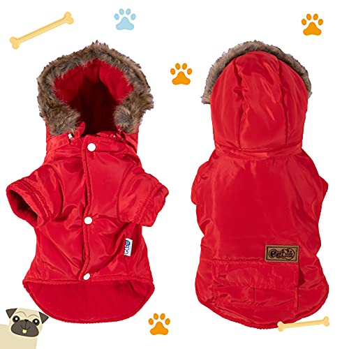 BCASE, Abrigo para Perro, con Capucha de Pelos, Ropa para Mascotas, Resistente al Agua y al Viento con Forro Interior de Algodón Suave y Cálido, Perros y Gatos. Color Rojo. Tallas S, M, L y XL