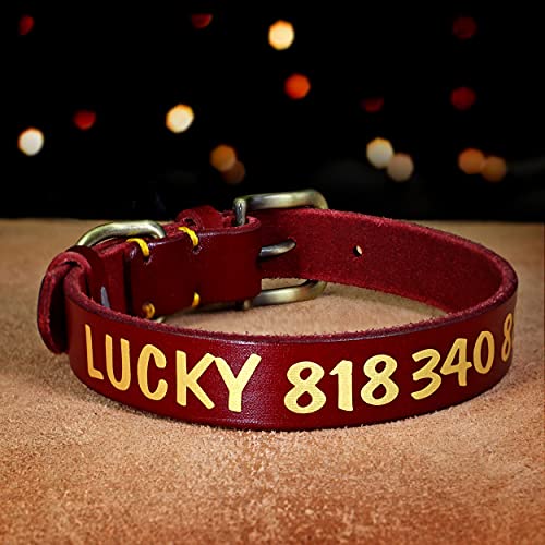 Beirui Collar de cuero suave para perro personalizado nombre y número de teléfono para perros pequeños, medianos y grandes, elegante collar de perro con nombre para niña niño perro(rojo oscuro, L)