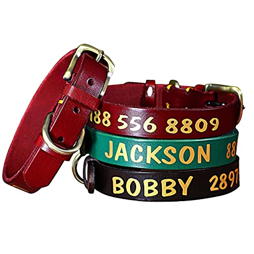 Beirui Collar de cuero suave para perro personalizado nombre y número de teléfono para perros pequeños, medianos y grandes, elegante collar de perro con nombre para niña niño perro(rojo oscuro, L)