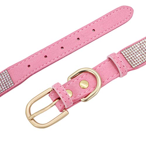 Beirui Collar de perro con diamantes de imitación con cristales brillantes, collar de cuero de gamuza suave para cachorros pequeños y medianos de perro, lindo collar tachonado diamantes(rosa, S)