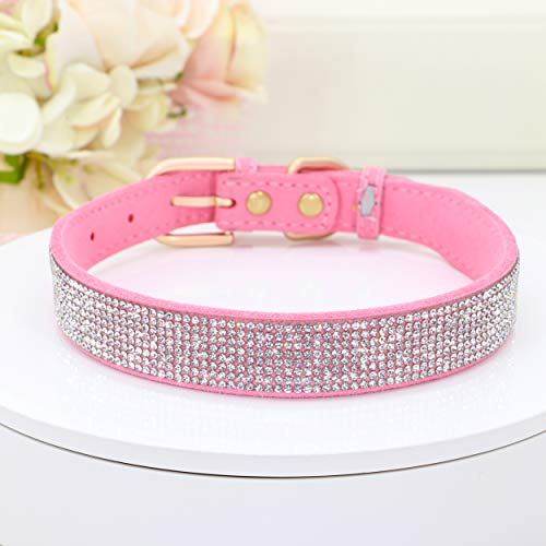 Beirui Collar de perro con diamantes de imitación con cristales brillantes, collar de cuero de gamuza suave para cachorros pequeños y medianos de perro, lindo collar tachonado diamantes(rosa, S)