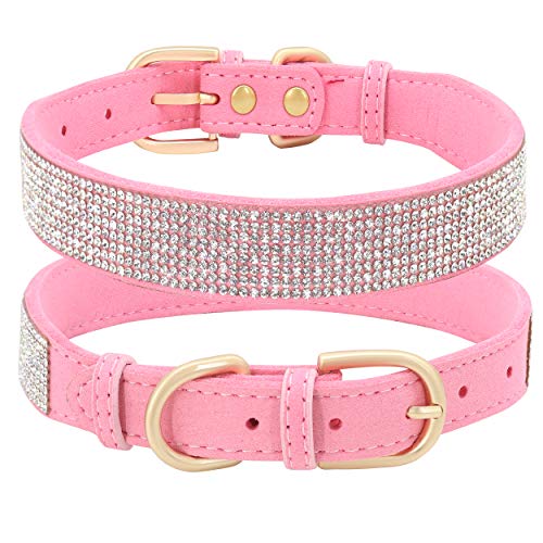 Beirui Collar de perro con diamantes de imitación con cristales brillantes, collar de cuero de gamuza suave para cachorros pequeños y medianos de perro, lindo collar tachonado diamantes(rosa, S)