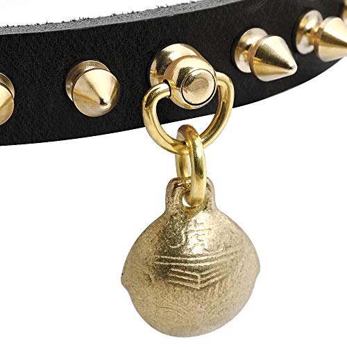 Beirui - Collar de perro de cuero genuino con tachuelas de cobre – superior remache negro collar de perro con campana, ajustable básico para perro ajuste Bulldog francés, XS (cuello 21,5-28,9 cm)