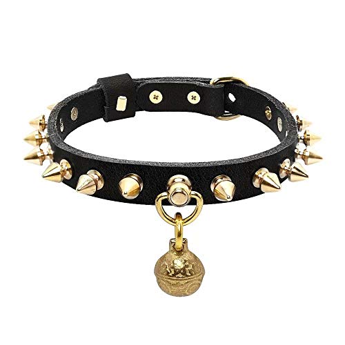 Beirui - Collar de perro de cuero genuino con tachuelas de cobre – superior remache negro collar de perro con campana, ajustable básico para perro ajuste Bulldog francés, XS (cuello 21,5-28,9 cm)