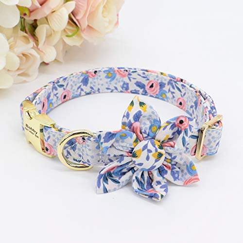 Beirui Collar de perro de niña de flores personalizado para perros femeninos- Collares de mascota grabados con hebilla dorada personalizada (patrón azul, S)