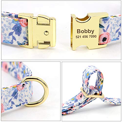 Beirui Collar de perro de niña de flores personalizado para perros femeninos- Collares de mascota grabados con hebilla dorada personalizada (patrón azul, S)