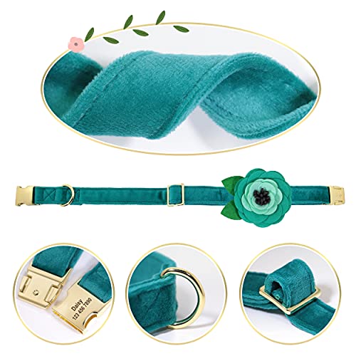 Beirui Collar de Terciopelo Suave para Perro con Accesorios de Flores extraíbles, Collar de Perro Personalizado con Placa de Nombre, Adorable Collar para Perros pequeños,medianos y Grandes (Verde,M)