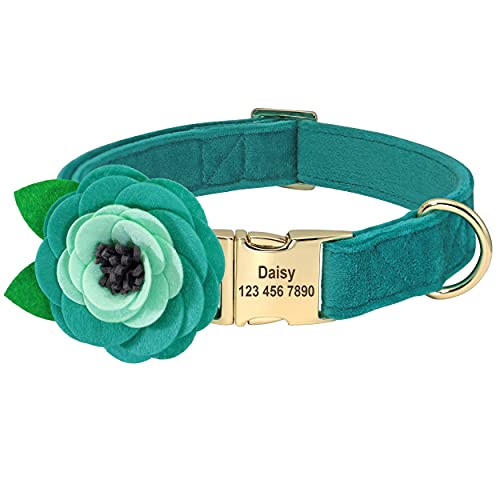 Beirui Collar de Terciopelo Suave para Perro con Accesorios de Flores extraíbles, Collar de Perro Personalizado con Placa de Nombre, Adorable Collar para Perros pequeños,medianos y Grandes (Verde,M)