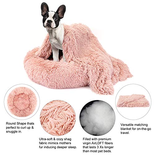 Belababy Bundle Savings – La cama original para perro de peluche calmante en tamaño pequeño de 36 x 36 pulgadas y manta para mascotas en 40 x 48 pulgadas, color rosa