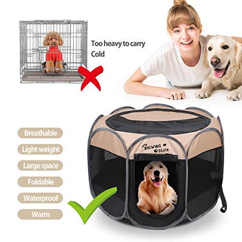 BIGWING Style Parque para Perros,Parque Mascota de Juego Entrenamiento Dormitorio Perro Gato Conejo Octágono Plegable Durable,125x125x58CM,Beige