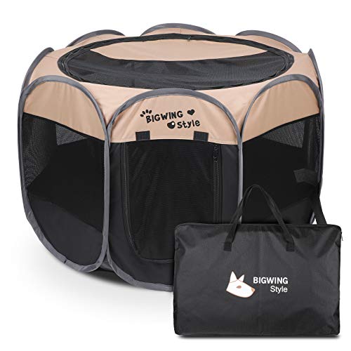 BIGWING Style Parque para Perros,Parque Mascota de Juego Entrenamiento Dormitorio Perro Gato Conejo Octágono Plegable Durable,125x125x58CM,Beige