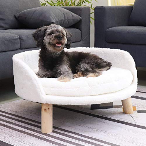 BingoPaw Cama Perros Pequeños, Sofa Perro pequeño Cama Gato Lavable Grande Redonda 60cm Taburete Mascota de Pelo Corto con Respaldo,Cojín Suave,Patas de Madera Estructura Robusta 40/60cm Beige