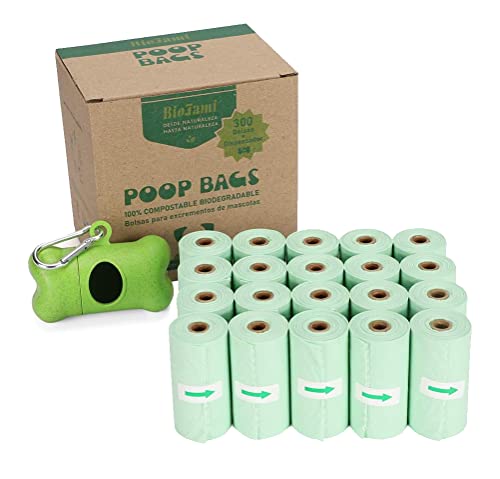 BIOFAMI Bolsas Caca Perro 100% Biodegradables con 1 Dispensador, 300 Bolsas, Materiales Compostables a base de Almidón de maíz, Sin fragancia, Certificación US BPI y EU EN13432 OK Compost Home