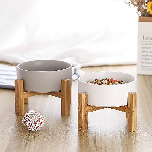 Blanco Comedero Gato Comedero Perro Comedero Elevado Gato con Soporte de Bambú - Comederos para Gatos Perros Pequeño y Mascotas - Cuenco de Ceramica para Agua Comida 400ML