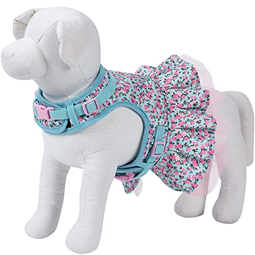 Blueberry Pet Spring Made Well Lindo vestido con estampado floral para perro, arnés en azul claro, circunferencia del pecho 48,5 cm-53,5 cm, cuello 39 cm-44 cm, pequeño, arnés ajustable para perros