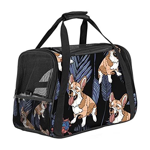 Bolsa de viaje para mascotas, bolsa portátil para mascotas, tela plegable, bolsa de viaje para perros o gatos, jaula para mascotas con cremalleras de seguridad, lindas hojas de palma corgi Dogtropical