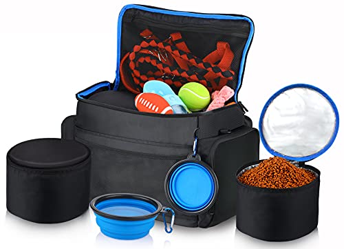 Bolsa de Viaje para Perros, Bolsa de Viaje para Mascotas con 2×Contenedores de Comida para Perros de tela 2×Plegable Platos de viaje Silicona para perros, Juego de Accesorios de Viaje para Perros