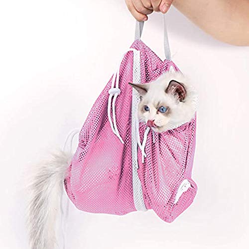 Bolso de malla de ducha de gato, bañado anti bañera de bañera Bolsa resistente a la mordida y bolso de ducha de gato resistente los rasguños para el baño de gato cortador de uñas y limpieza de orejas