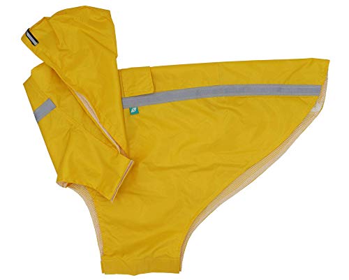 Brissa España. Chubasquero Perro Grande Mediano (Longitud Cuerpo 60 cm). Impermeable Perro con Capucha y Forro de Quita y pon de Borreguillo. Hecho en España. (Amarillo)