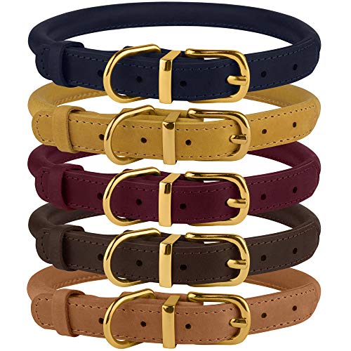 BronzeDog Collar de Cuero Enrollado para Perro, Duradero, Redondo, para Perros pequeños, medianos, Grandes, Cachorros, Gatos, Burdeos, Mostaza, Azul Oscuro, marrón Claro