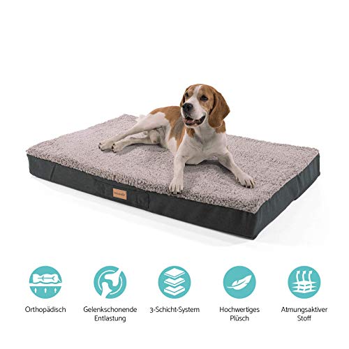 brunolie Balu - Cama para perros lavable, ortopédica y antideslizante, cojín para perros de peluche suave, beis, marrón oscuro, gris oscuro y gris, tallas S-XXL