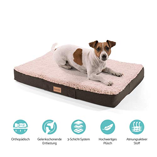 brunolie Balu - Cama para perros lavable, ortopédica y antideslizante, cojín para perros de peluche suave, beis, marrón oscuro, gris oscuro y gris, tallas S-XXL