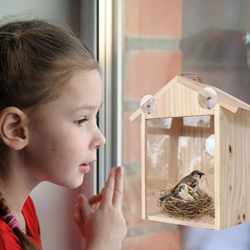 Bseical Caja De Nido De PáJaros De Madera, Casitas De Pajaros con Ventana, 21.5x13x10cm Nido CríA para Aves Natural, Casa Pajaros Exterior, Casa para Periquitos, con 2 Potentes Ventosas