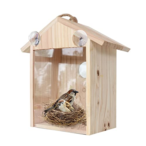 Bseical Caja De Nido De PáJaros De Madera, Casitas De Pajaros con Ventana, 21.5x13x10cm Nido CríA para Aves Natural, Casa Pajaros Exterior, Casa para Periquitos, con 2 Potentes Ventosas