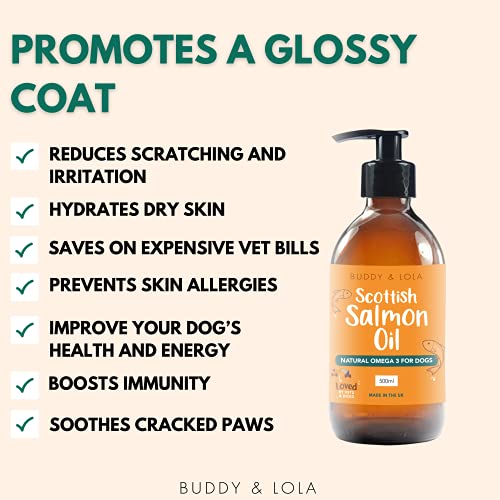 Buddy & Lola Aceite de salmón escocés 100% puro de grado alimenticio para perros, gatos y mascotas (1000 ml) – Omega 3, mejor piel y articulaciones, menos picazón y mejora la salud cognitiva