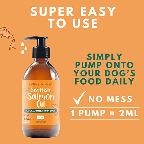 Buddy & Lola Aceite de salmón escocés 100% puro de grado alimenticio para perros, gatos y mascotas (1000 ml) – Omega 3, mejor piel y articulaciones, menos picazón y mejora la salud cognitiva