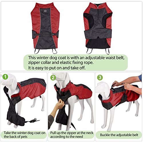 Bwiv Perro Chaqueta Gato Abrigos Mascota Ropa Impermeable Vientre Protector Reflexivo Tira Cremallera con Agujero de Correa Rojo 3XL (Longitud de Espalda 50cm, Pecho 70-83cm)