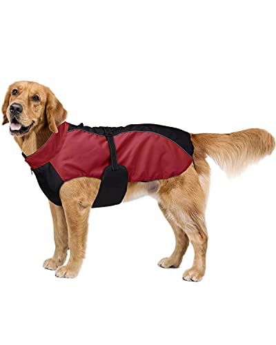 Bwiv Perro Chaqueta Gato Abrigos Mascota Ropa Impermeable Vientre Protector Reflexivo Tira Cremallera con Agujero de Correa Rojo 3XL (Longitud de Espalda 50cm, Pecho 70-83cm)