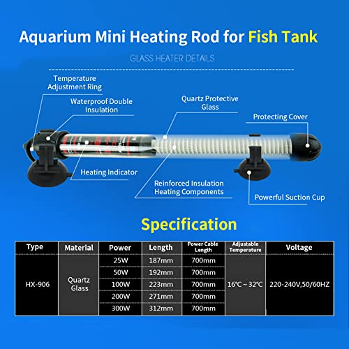 Calentador de Acuario, 220-240 V EU Plug Calentador de pecera de Temperatura Ajustable con Indicador de Encendido con 2 ventosas para Agua Salada Marina y Agua Dulce(50W)