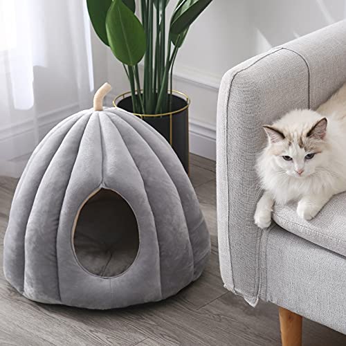 Cama cálida para perros con capucha y calabaza, para perros pequeños, perros, cachorros, gatitos, conejos, cama para mascotas (color: gris, tamaño: L 50 x 50 x 40 cm)