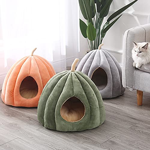 Cama cálida para perros con capucha y calabaza, para perros pequeños, perros, cachorros, gatitos, conejos, cama para mascotas (color: gris, tamaño: L 50 x 50 x 40 cm)