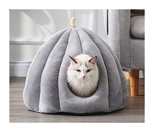 Cama cálida para perros con capucha y calabaza, para perros pequeños, perros, cachorros, gatitos, conejos, cama para mascotas (color: gris, tamaño: L 50 x 50 x 40 cm)