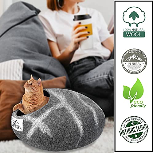 Cama cueva de lana para gatos (mediana), hecha a mano con 100% lana merino, cueva de fieltro ecológico para gatos y gatitos de interior (rayas de pelo)