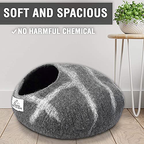 Cama cueva de lana para gatos (mediana), hecha a mano con 100% lana merino, cueva de fieltro ecológico para gatos y gatitos de interior (rayas de pelo)