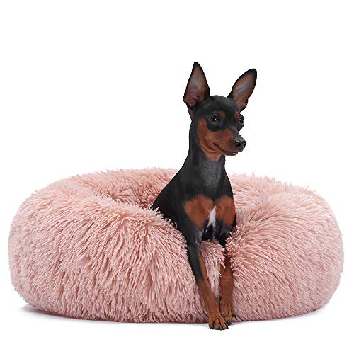 Cama de felpa para mascotas, perro y gato, redondo, cálido y suave, cojín para gato, saco de dormir ortopédico y mejor sueño, parte inferior antideslizante, lavable a máquina (M-50 x 20 cm, rosa)