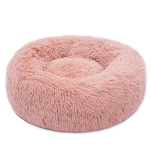 Cama de felpa para mascotas, perro y gato, redondo, cálido y suave, cojín para gato, saco de dormir ortopédico y mejor sueño, parte inferior antideslizante, lavable a máquina (M-50 x 20 cm, rosa)