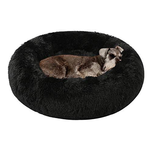 Cama de lujo para mascotas para gatos y perros – Donut Allover Extra PV de piel larga con parte inferior antideslizante – negro S