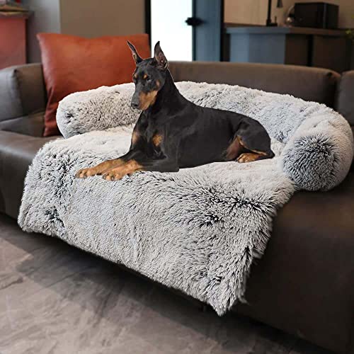 Cama de perro de felpa calmante para perro, sofá de piel para mascotas, M-80 x 75 x 13 cm, protector de muebles para perros y gatos, funda desmontable lavable con parte inferior antideslizante