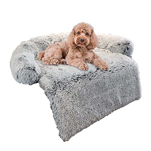 Cama de perro de felpa calmante para perro, sofá de piel para mascotas, M-80 x 75 x 13 cm, protector de muebles para perros y gatos, funda desmontable lavable con parte inferior antideslizante