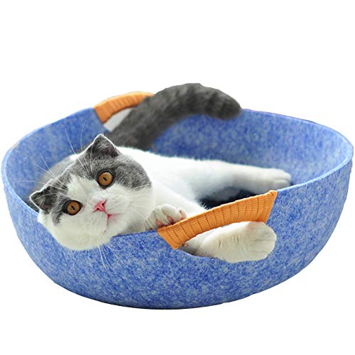 Cama del Gato Cesta Nido Fieltro Gato Camas para Perro Dormir Cesta Nido del Gato Cama Redonda De Gatito Pequeño Perrito Perros De Interior Juego Eco Lavable con Mango,Azul